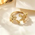 Gold open leaf titanium steel ring, stylish minimalist fashion finger jewelry accessory. - Gold Leaf Textured