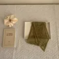 Detail shot of retro green floral lace ribbon scarf, vintage aesthetic flat lay photography. - Mustard Green