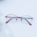 Women metal semi-rimless optical glasses frame pink wire drawing daily wear detail view - Purple / Plain