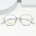 Retro polygon metal eyeglass frame for women and men, lightweight titanium optical glasses. - Black & Gold