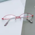 Details of red half-rim optical glasses frame, metal oval design with size 52-18-138 for women. - Burgundy / Plain