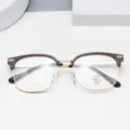 Stylish half-frame anti-blue light glasses with brown browline and gold metal rim for men and women. - Frosted Coffee
