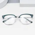 Trendy half rim blue blocking glasses with metallic frame for daily casual wear style. - Matte Green