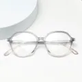 Closeup of clear grey pink gradient TR90 anti-blue light eyeglasses frame, lightweight daily wear. - Gray Purple