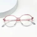 Detail view of lightweight gradient TR90 optical glasses frame, clear finish and temple view. - Pink Gray