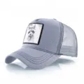 Men's grey mesh baseball cap featuring a stylish embroidered raccoon animal patch for street fashion. - Adjustable / Light Gray