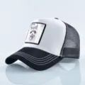 Classic black white mesh trucker hat with embroidered raccoon animal patch for men. - Adjustable / Black and White Patchwork