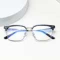 Detailed view of lightweight browline prescription glasses frame with anti-blue light lenses. - Bright Black Gray Frame