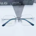 Detail view of silver metal semi rimless polygon vintage eyeglass frame anti blue light glasses - Silver White