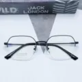 Detailed view of a black metal polygon semi-rimless retro eyeglasses frame for daily wear. - Bright Black
