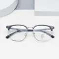 Detailed view of trendy polygon half-frame anti-blue light glasses with black and silver. - Black Silver