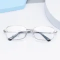 Men's square metal optical glasses frame with thick gold plating and acetate temple tips detail. - Silver White / Plain
