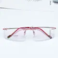 Rimless optical eyeglass frame red temple square prescription glasses detail view 5006 - Red