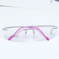 Rimless beta-titanium optical eyeglasses frame with stylish pink temples and rectangle lenses. - Purple
