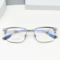 Detailed close-up shot of half-frame clear glasses with size text printed on anti-blue lens. - Transparent Gray