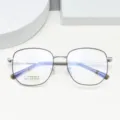 Close-up detail of stylish polygonal metal anti-blue light glasses frame for daily wear. - Black Silver