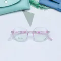Detailed view of lightweight pink TR90 round eyeglass frames with clear demo lenses for youth. - Transparent Purple / Plain