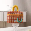 Stylish plaid cosmetic bag with handy top handle and secure zipper closure for travel. - Orange Plaid