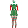 Set costume da elfo di Natale con top verde, pantaloni a righe e cappello festivo. - Set / Taglia unica