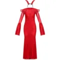 Detalle de disfraz de diablo rojo con vestido manga larga y diadema cuernos Halloween. - M / Conjuntos / Rojo