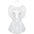 White angel costume detail showing glossy satin texture, feathery wings and halo headband features. - M / Set / White