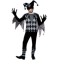 Halloween evil clown costume for men, black and grey harlequin cosplay outfit with hat. - M / Set / Black Gray (Men)