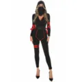 Vue détaillée du costume de cosplay de ninja noir pour femmes avec rubans rouges et capuche. - S / Haut et Bas / Noir