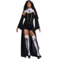 Sexy Nonnen Kostüm für Damen, Halloween Cosplay Verkleidung mit Kopfbedeckung und Strümpfen. - M / Set / Schwarz