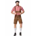 Men's traditional Oktoberfest costume set featuring embroidered lederhosen and red checkered shirt. - M / Set (With Hat) / Coffee