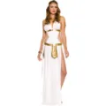 Vue détaillée du costume de déesse grecque blanche avec des accessoires de taille dorés pour fêtes. - S / Robes / Blanc