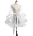 Close-up detail of white sheer mesh robe featuring fluffy faux fur trim and satin belt. - S / Robe / White