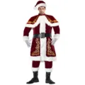 Ensemble de costume de Père Noël en velours épaissi avec impression dorée pour hommes. - M / Haut et Bas / Tenue 7 Pièces (Comprend Chapeau/Cape/Haut/Pantalon/Ceinture/Gants/Surbottes)