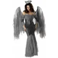 Conjunto de disfraz de cosplay de ángel oscuro con vestido gris, alas y tocado para Halloween. - M / Conjuntos / Gris