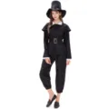 Vue détaillée du costume historique de pèlerin noir avec col blanc, ceinture et chapeau. - M / Haut et Bas / Femme