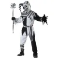 Detailed view of the black and white scary jester costume with skull mask and staff. - One Size / Top And Bottom / Men's (Black and White Color Block)