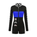 Combinaison course femme F1 body noir bleu à carreaux manches longues cosplay détails - S / Peignoir / Noir/Rouge
