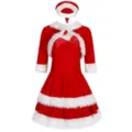 Vue détaillée de l'ensemble de costume de Noël rouge pour femme avec fausse fourrure. - Taille unique / Ensemble / Rouge