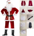 Costume de Père Noël Épais pour Homme Grande Taille Ensemble de Noël avec Barbe - M / Haut et Bas / Tenue 9 Pièces (Comprend Barbe/Perruque/Chapeau/Cape/Haut/Pantalon/Ceinture/Gants/Surbottes)