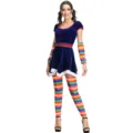 Detailed view of the colorful clown costume featuring velvet blue dress and rainbow sleeves. - M / Set / Printed
