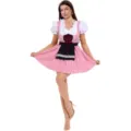 Vue détaillée de la robe dirndl traditionnelle à motif écossais rouge et tablier noir. - S / Robes / Rouge