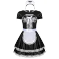 Detailed view of the black and white maid costume featuring lace trim, bowknot, and headpiece. - One Size / Set / Black and White