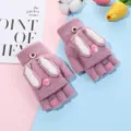 Guanti carini in maglia con coniglio a metà dito per bambini invernali caldi rosa design bello. - Flip-Top Orecchio di Coniglio Pesca / Viola