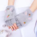 Grey plush half-finger gloves for women winter warm flip cover cute carrot embroidery styles - Gray