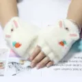 Women winter plush fingerless flip gloves cute rabbit carrot embroidery warm mittens - White