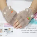 Women winter half finger warm gloves plush cute carrot embroidery student writing mittens - Khaki