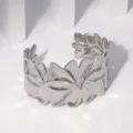 Stainless steel petal open cuff bracelet, detailed shot showing delicate leaf texture. - Silver