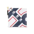 Golf ball cleaning towel with tee and hanging ring, blue white red geometric skull pattern. - White