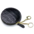Black round crocodile pattern leather coin purse with gold zipper and keychain for women. - Black