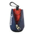 Portable golf ball pouch with zipper closure, keyring, and carabiner clip in navy blue. - Blue