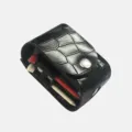 Black crocodile pattern leather golf pouch and tee holder bag for sports outdoor convenience. - Black